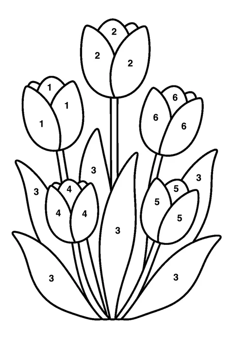 Spring tulip patch coloring page with numbered areas and a color key for color by number
