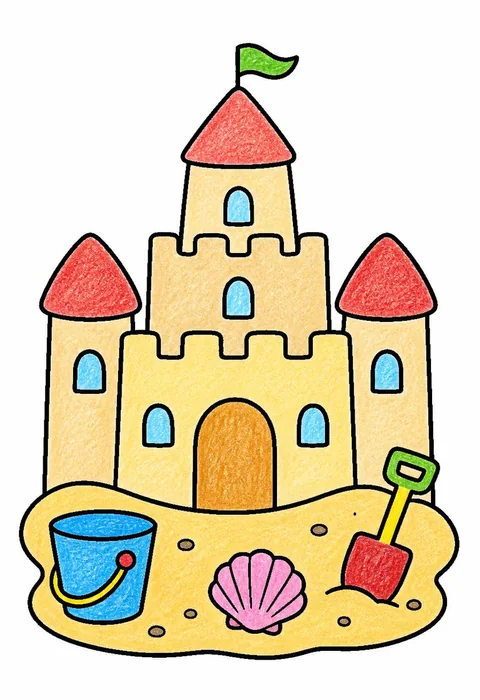 Completed crayon-colored example of the Summer sandcastle coloring page