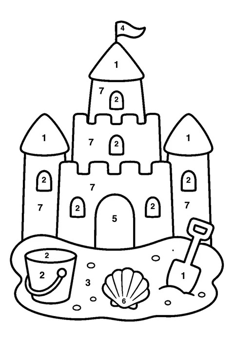 Summer sandcastle coloring page with numbered areas and a color key for color by number