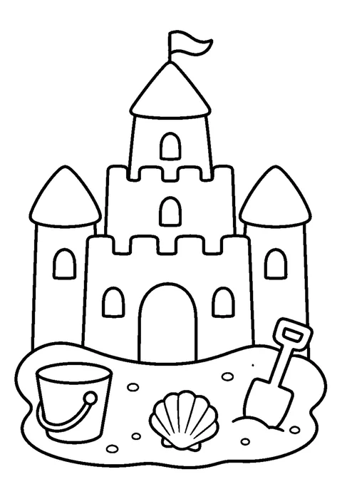 Line drawing of a sandcastle with three towers and a flag, with a bucket beside it.