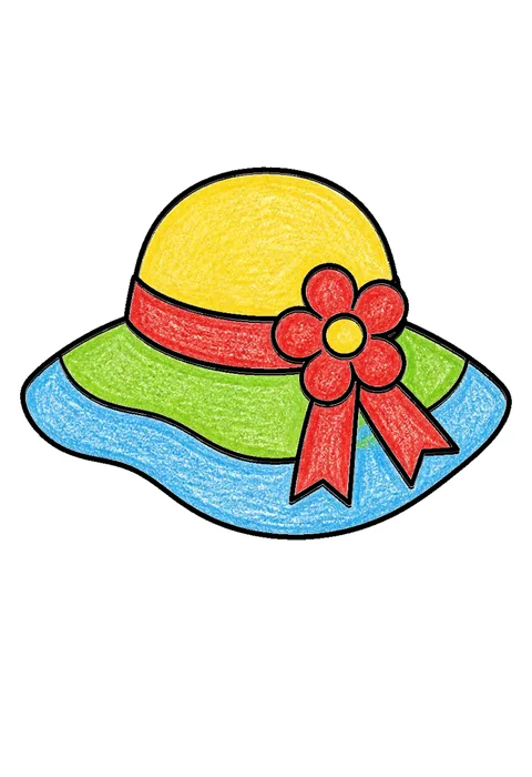 Completed crayon-colored example of the Summer sun hat coloring page