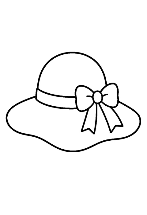 Line drawing of a wide-brimmed sun hat with a ribbon around it and a flower tucked in.