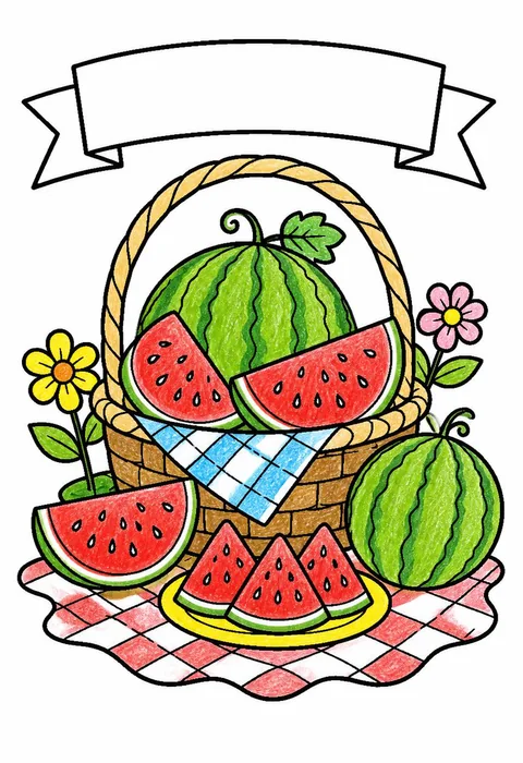 Completed crayon-colored example of the Summer watermelon picnic coloring page