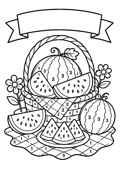 Summer watermelon picnic coloring page with numbered areas and a color key for color by number