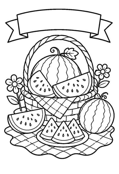 Bold line drawing of a large watermelon slice on a picnic blanket, with an empty title band above.