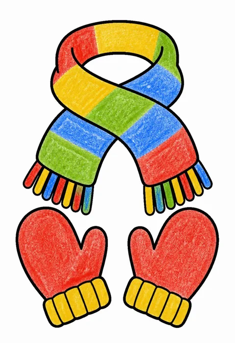 Completed crayon-colored example of the Winter mittens and scarf coloring page