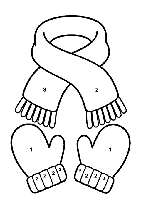 Winter mittens and scarf coloring page with numbered areas and a color key for color by number