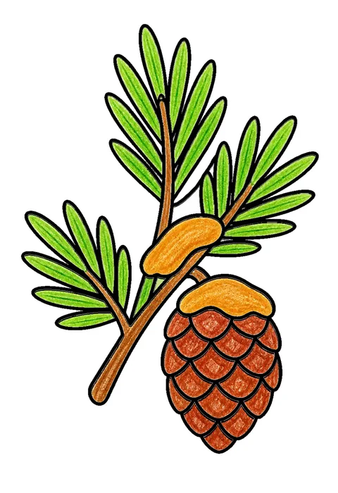 Completed crayon-colored example of the Winter pine branch coloring page