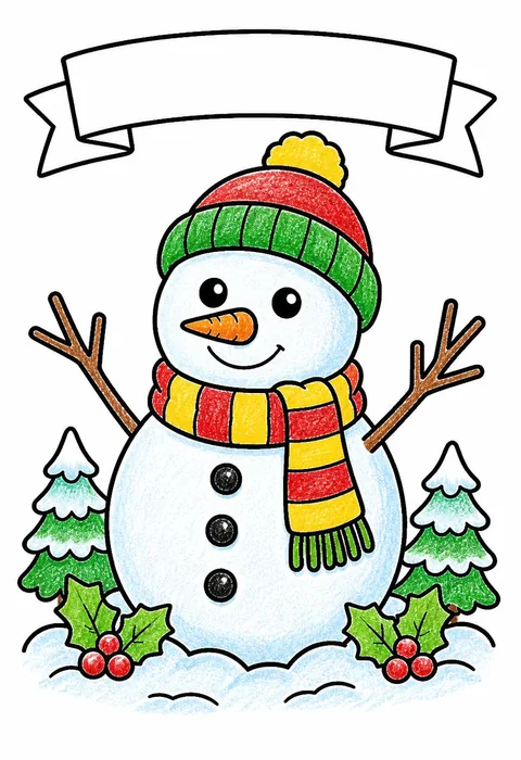 Completed crayon-colored example of the Winter snowman coloring page