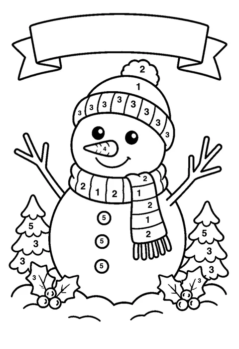 Winter snowman coloring page with numbered areas and a color key for color by number