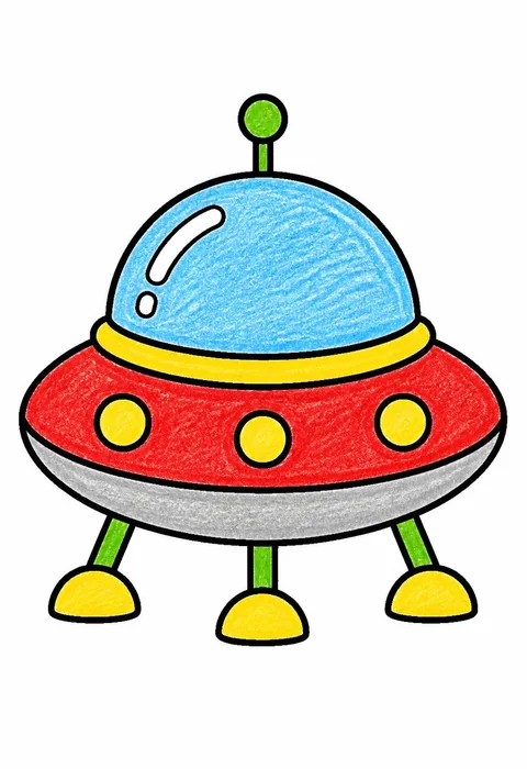 Completed crayon-colored example of the Alien spaceship coloring page