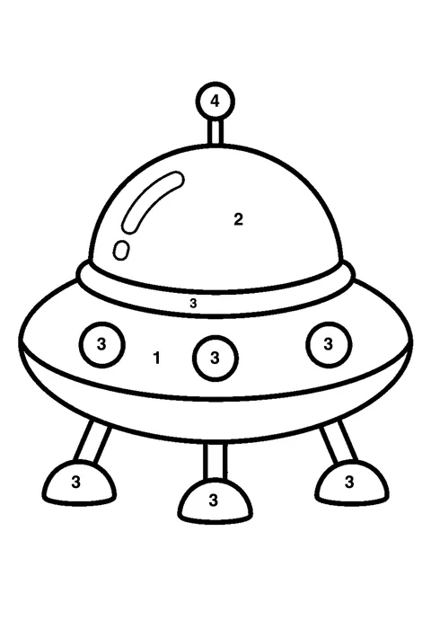 Alien spaceship coloring page with numbered areas and a color key for color by number