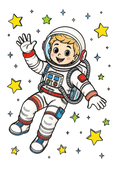 Completed crayon-colored example of the Astronaut floating coloring page