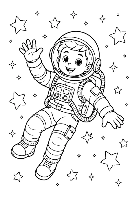 Detailed outline drawing of an astronaut floating with a tether trailing away, suit panels and helmet drawn in.
