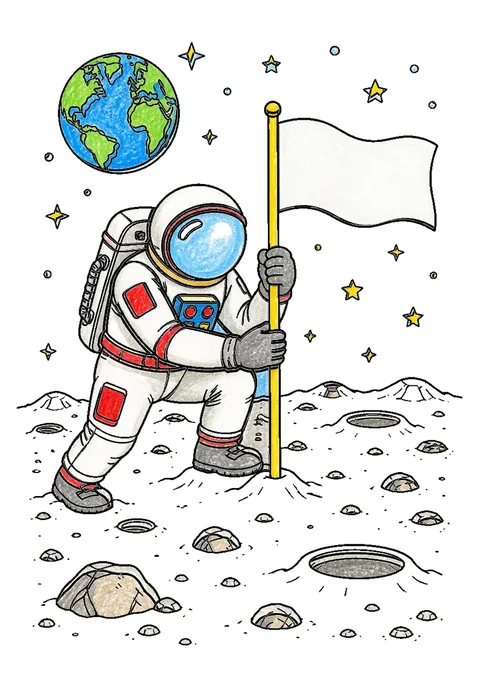 Completed crayon-colored example of the Astronaut planting a flag coloring page