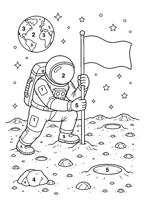 Astronaut planting a flag coloring page with numbered areas and a color key for color by number