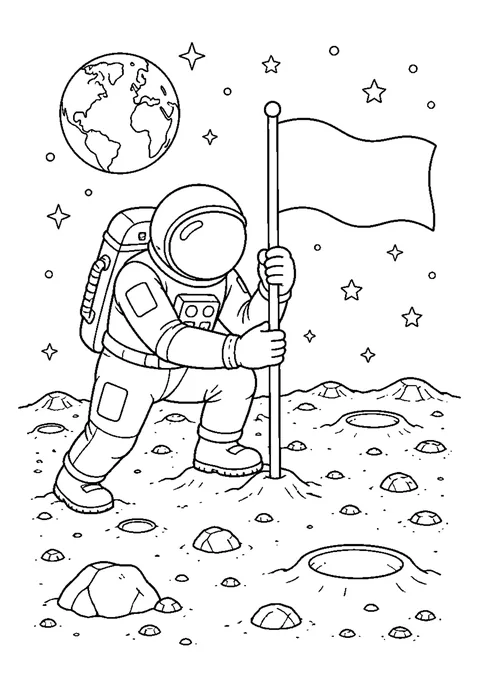 Detailed outline drawing of an astronaut planting a blank flag, with a lander behind and Earth in the sky.