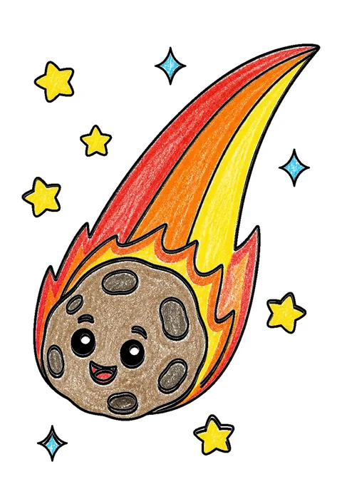 Completed crayon-colored example of the Comet with a tail coloring page