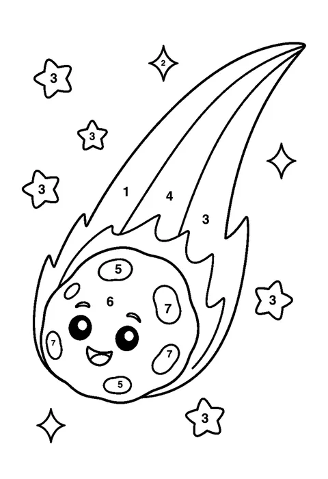Comet with a tail coloring page with numbered areas and a color key for color by number