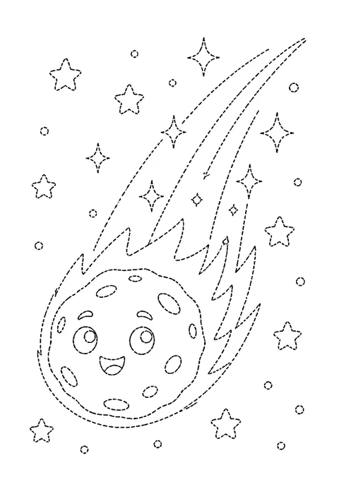 Tracing outline of a comet with a rough head and two tails streaming behind it, drawn in dashed lines.