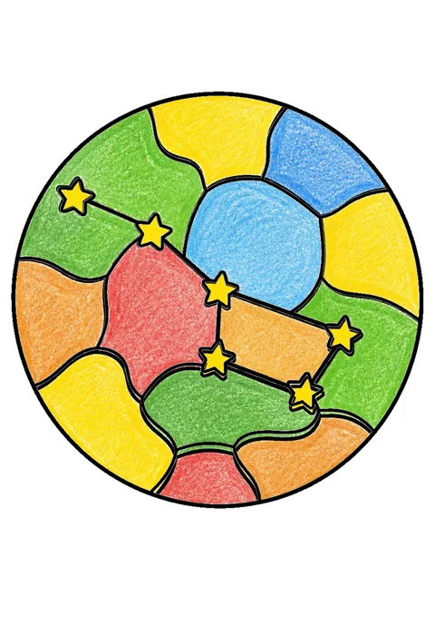 Completed crayon-colored example of the Constellation map coloring page