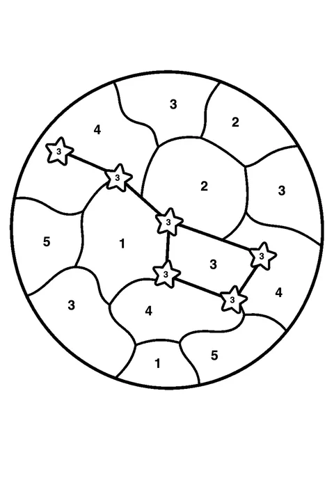 Constellation map coloring page with numbered areas and a color key for color by number