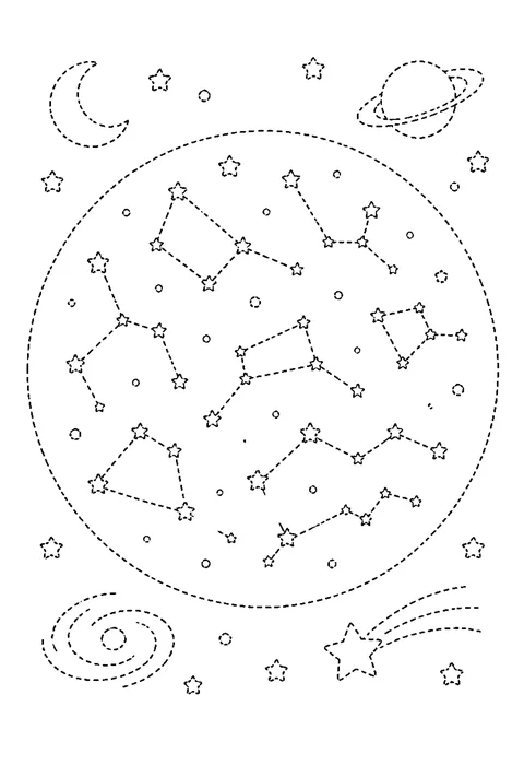 Tracing outline of four constellations drawn as dots joined by dashed lines.