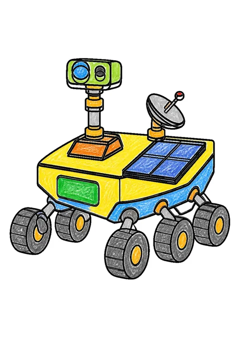 Completed crayon-colored example of the Moon rover coloring page