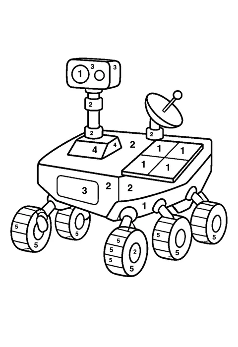Moon rover coloring page with numbered areas and a color key for color by number