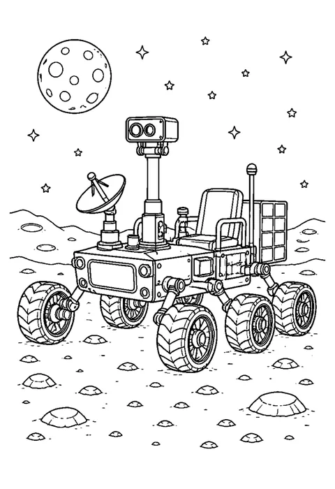 Detailed outline drawing of a six-wheeled moon rover with an antenna dish and camera mast on cratered ground.