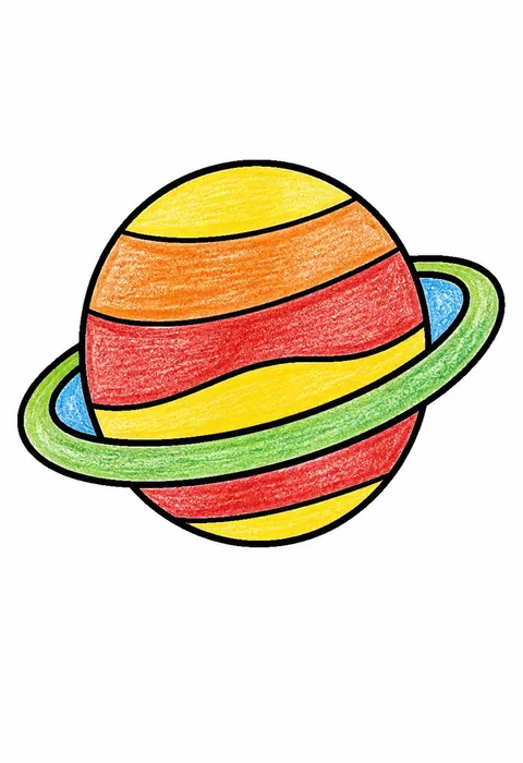 Completed crayon-colored example of the Ringed planet coloring page
