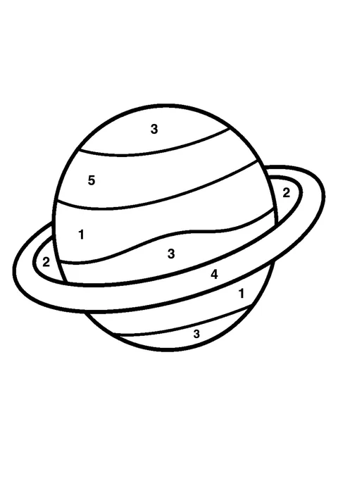 Ringed planet coloring page with numbered areas and a color key for color by number