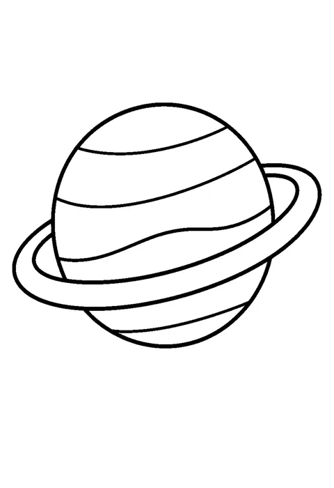 Line drawing of a large planet with three tilted rings and a small moon off to one side.