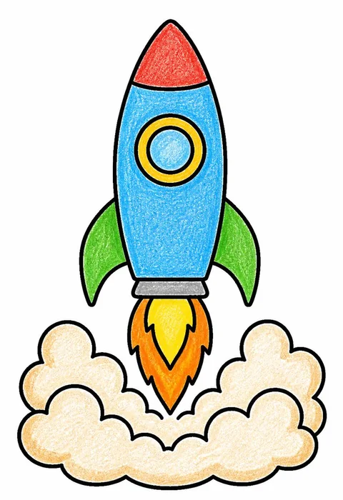 Completed crayon-colored example of the Rocket launching coloring page