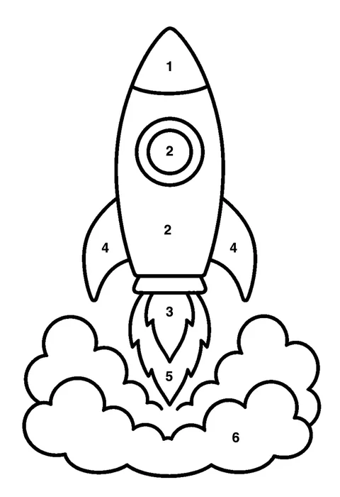 Rocket launching coloring page with numbered areas and a color key for color by number