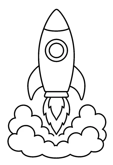 Line drawing of a rocket lifting off with fins, a porthole and a plume of flame and smoke below.