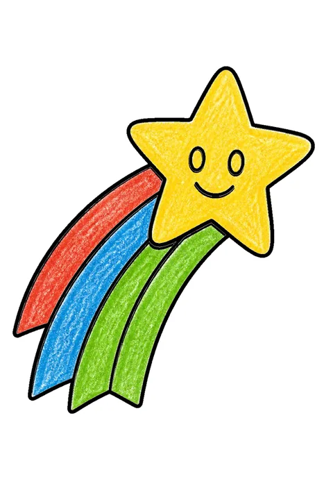 Completed crayon-colored example of the Shooting star coloring page
