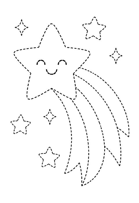 Tracing outline of a five-pointed shooting star with a long curving trail, drawn in dashed lines.