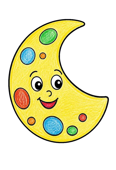 Completed crayon-colored example of the Smiling moon coloring page