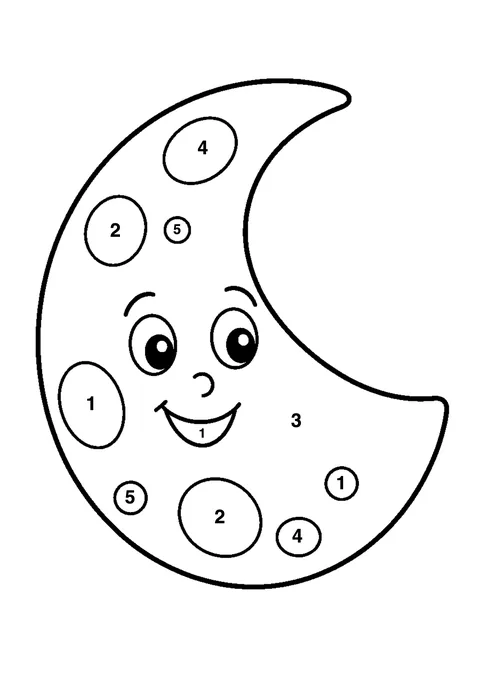 Smiling moon coloring page with numbered areas and a color key for color by number