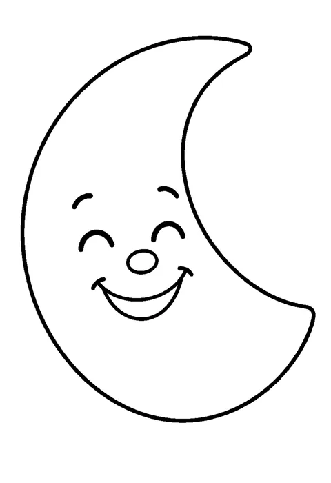 Line drawing of a smiling crescent moon in profile wearing a nightcap, with three stars beside it.