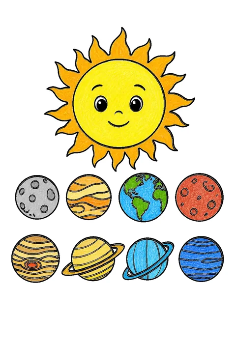 Completed crayon-colored example of the Solar system line-up coloring page