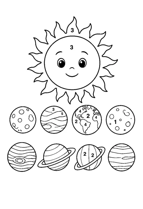 Solar system line-up coloring page with numbered areas and a color key for color by number