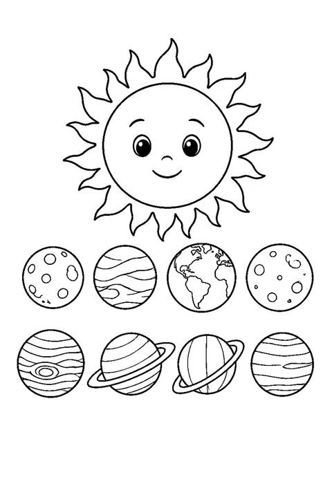 Detailed outline drawing of eight planets in a row beside the sun, drawn at different sizes with rings and bands.
