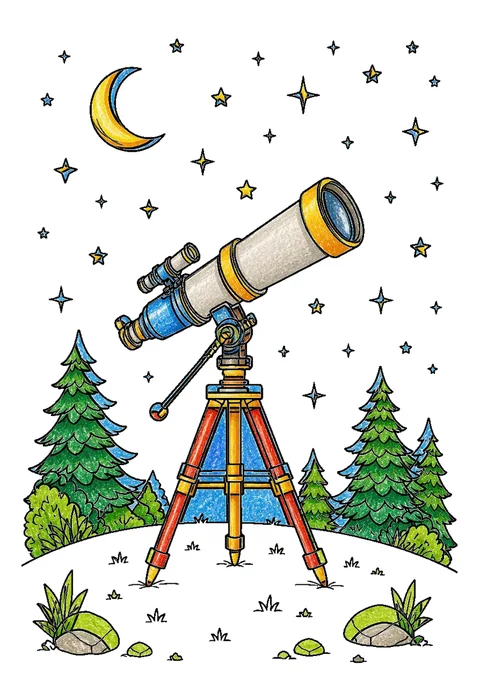 Completed crayon-colored example of the Telescope under the stars coloring page