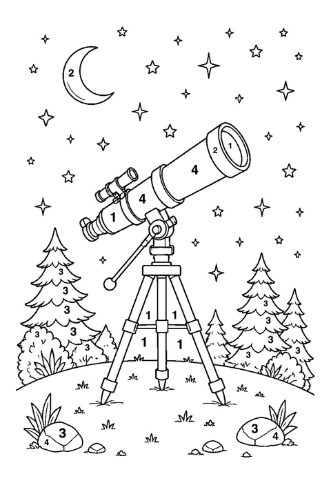 Telescope under the stars coloring page with numbered areas and a color key for color by number