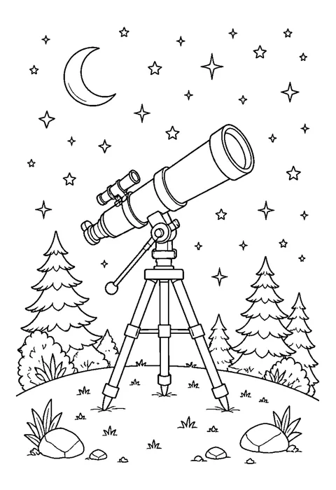 Detailed outline drawing of a telescope on a tripod pointing up at a sky full of scattered stars.
