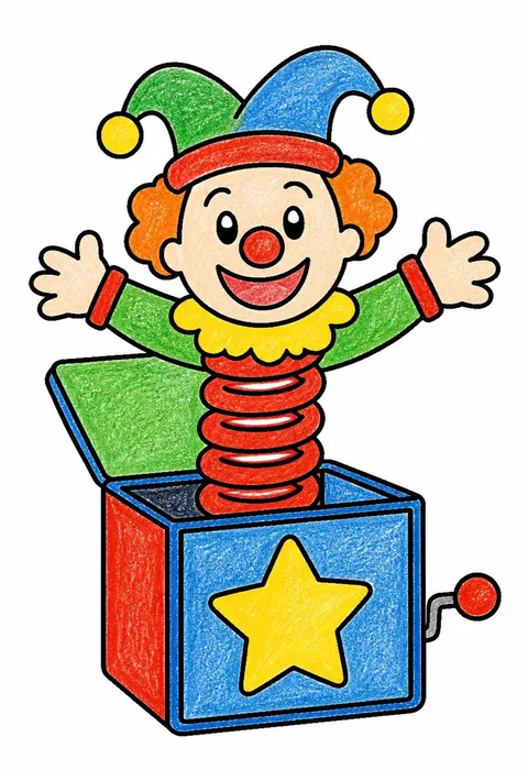 Completed crayon-colored example of the Jack-in-the-box coloring page