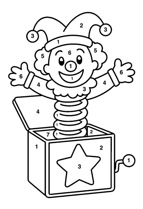 Jack-in-the-box coloring page with numbered areas and a color key for color by number