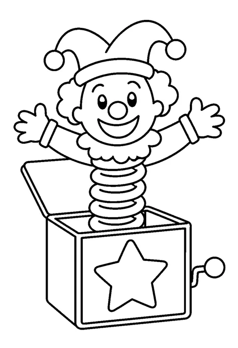 Line drawing of a jack-in-the-box with the lid open and a jester figure on a coiled spring.